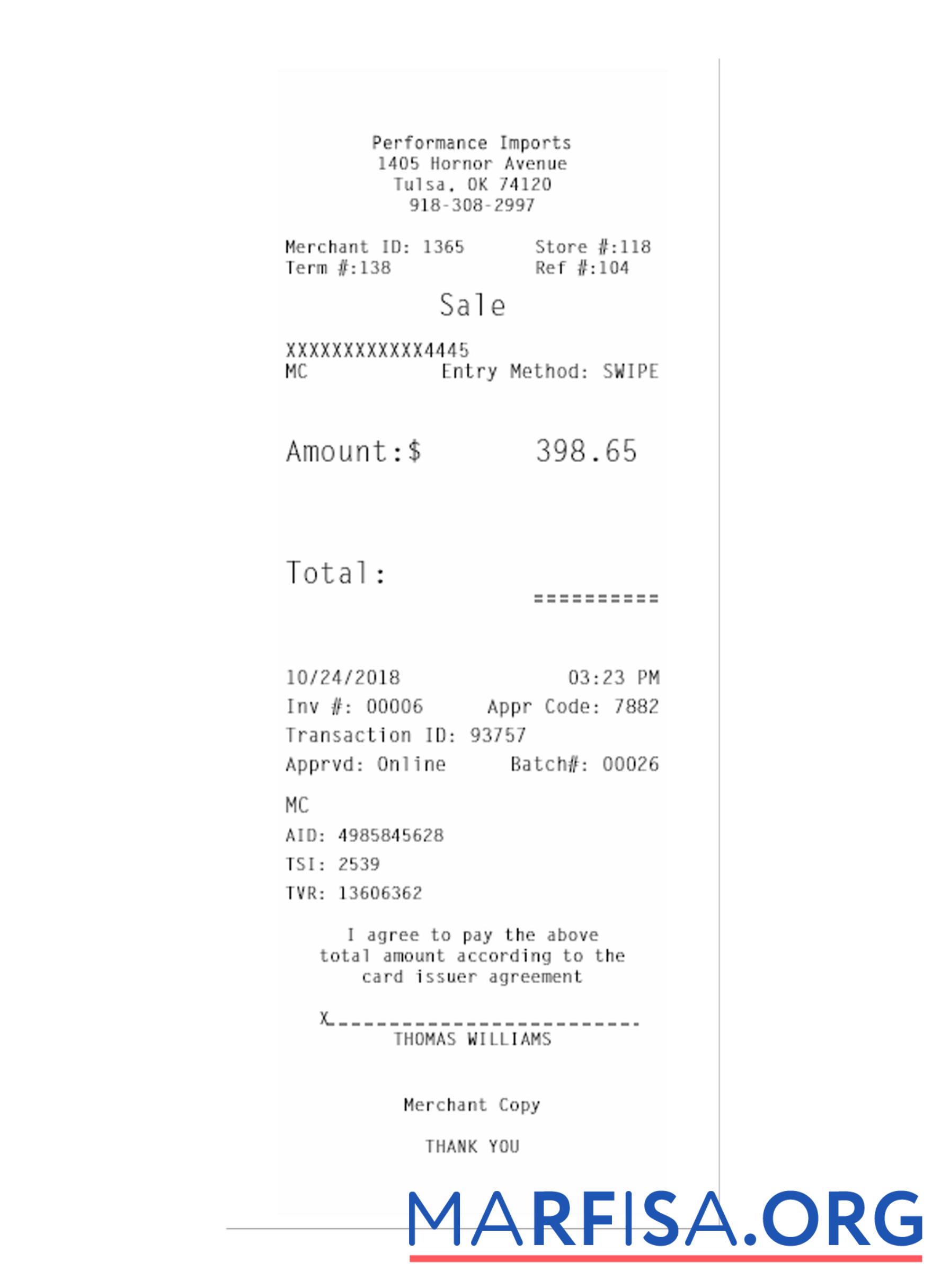 Printable PERFORMANCE IMPORTS receipt (1) template